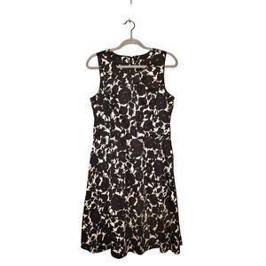 TALBOTS $159 Black White Floral Stretch Cotton Midi A-Line Dress Pockets Size 12
